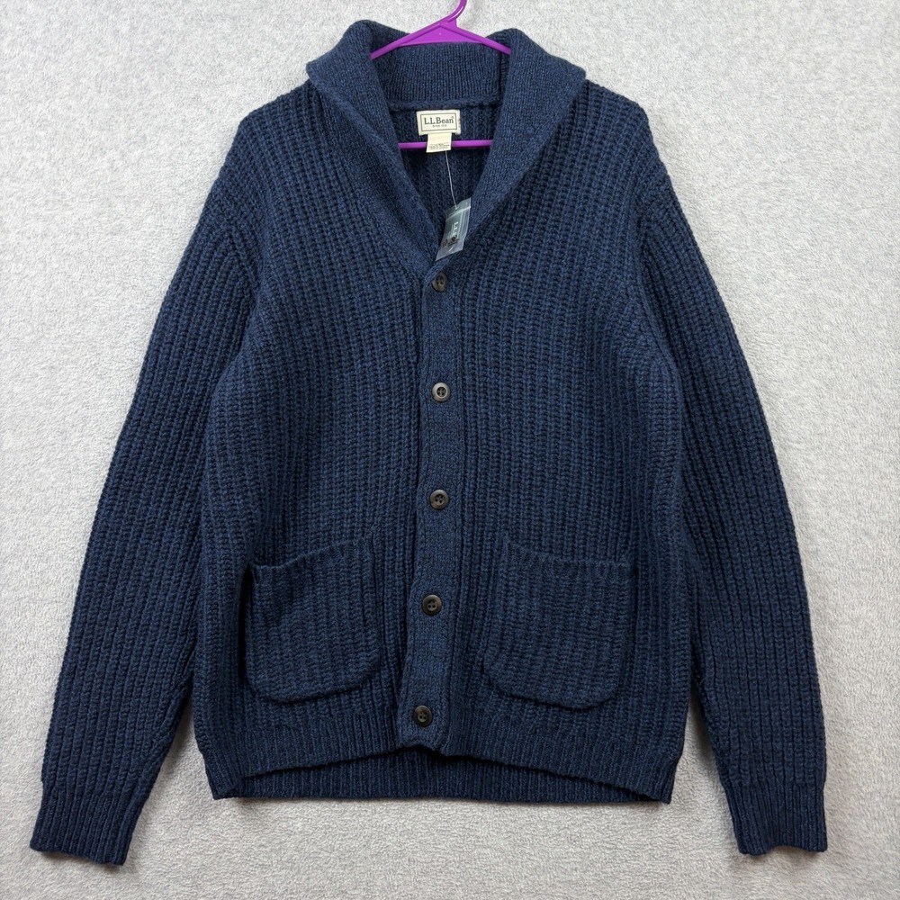 LL Bean Classic Ragg Wool Cardigan Sweater Mens Medium Blue Chunky Shawl NWT